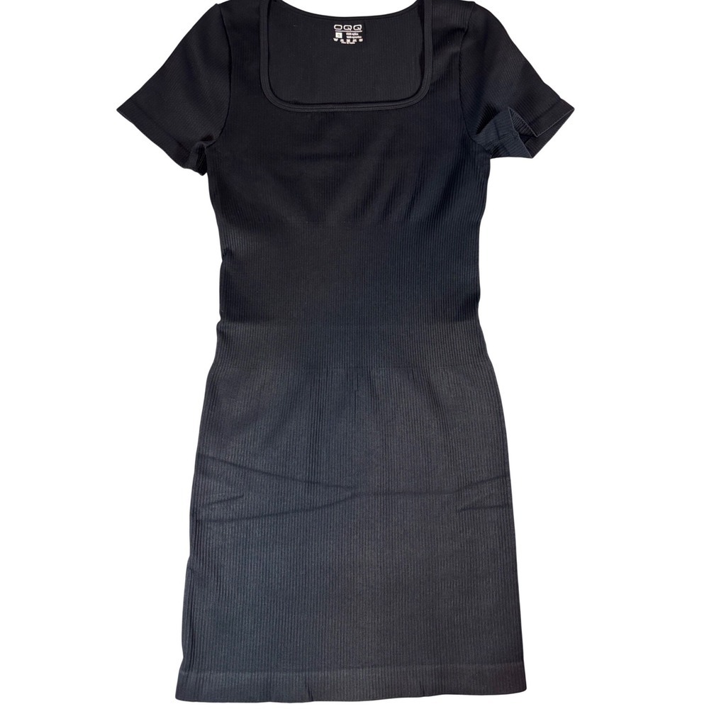 NWOT OQQ Black Ribbed Mini Dress Square Neck Short Sleeve Seamless Bodycon Small